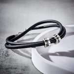 Personalized Men's Black Leather Bead Bracelet - Custom Engraved Gift
