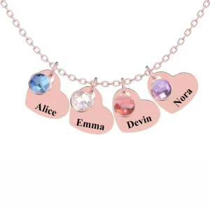 Personalized Heart Pendant Necklace with Birthstones - Custom Engraved Jewelry Gift