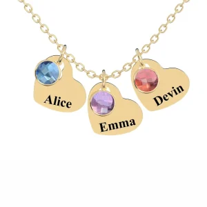 Personalized Heart Pendant Necklace with Birthstones - Custom Engraved Jewelry Gift